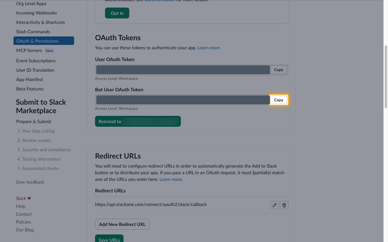 The OAuth Tokens section with the Copy button next to Bot User OAuth Token highlighted and token values hidden