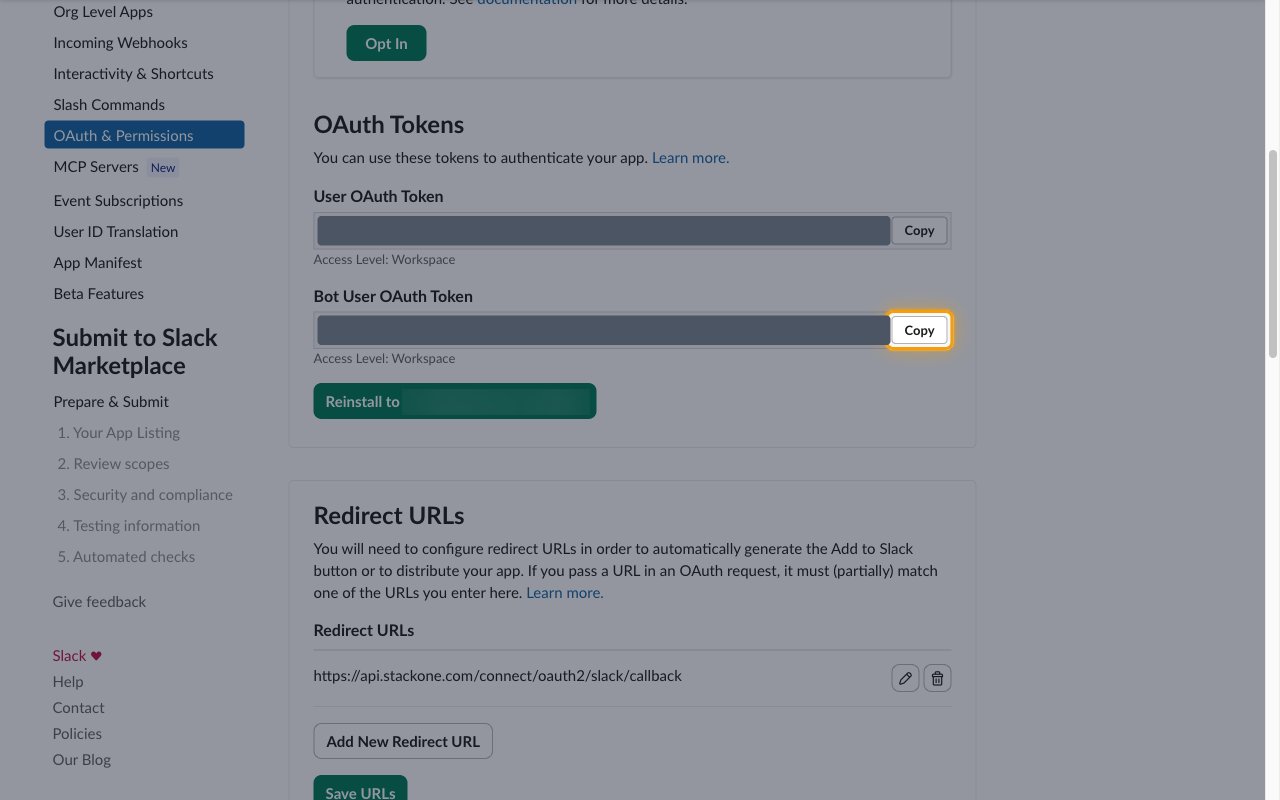The OAuth Tokens section with the Copy button next to Bot User OAuth Token highlighted and token values hidden