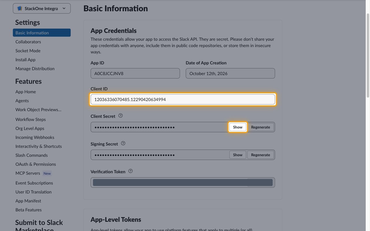 The App Credentials section with the Client ID field and the Client Secret Show button highlighted
