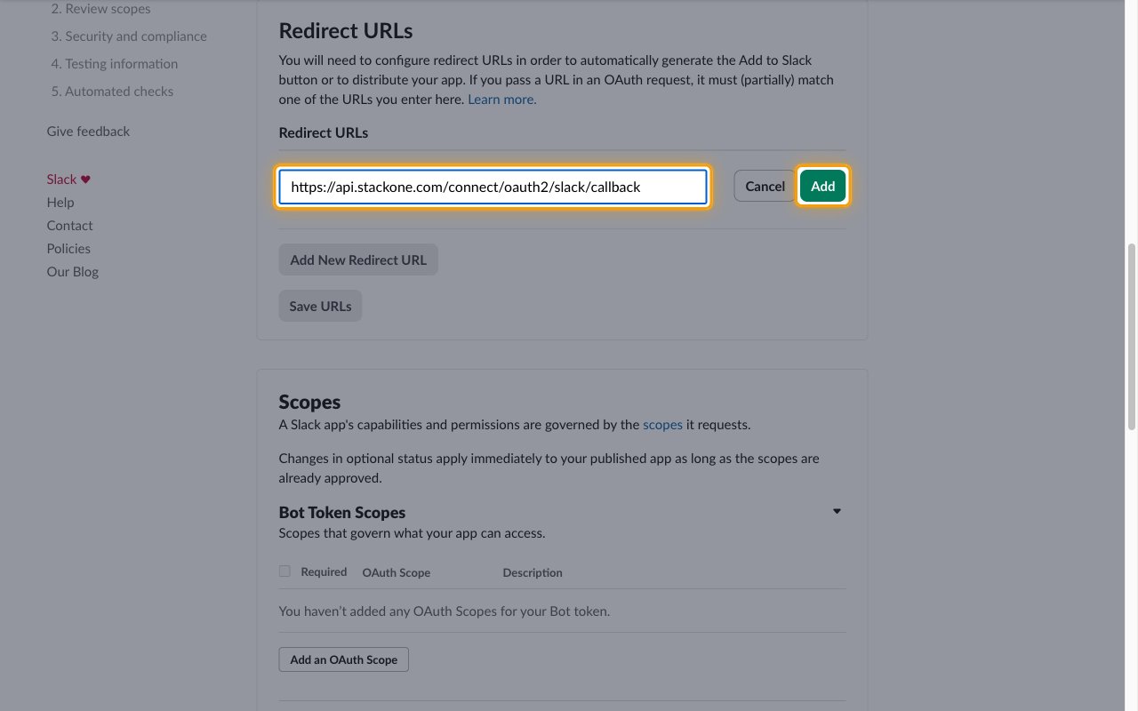 The Redirect URLs section with the StackOne callback URL entered and the Add button highlighted