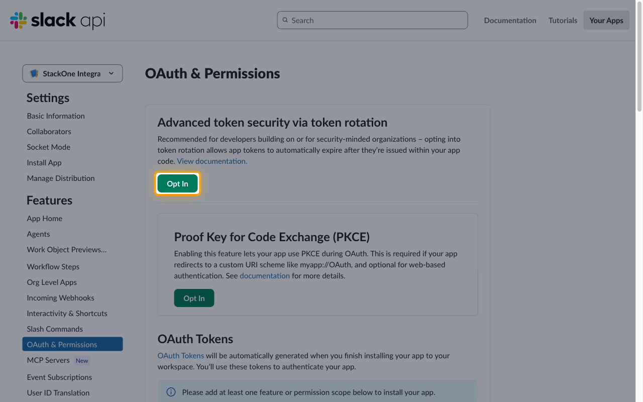 The Advanced token security via token rotation section with the Opt In button highlighted