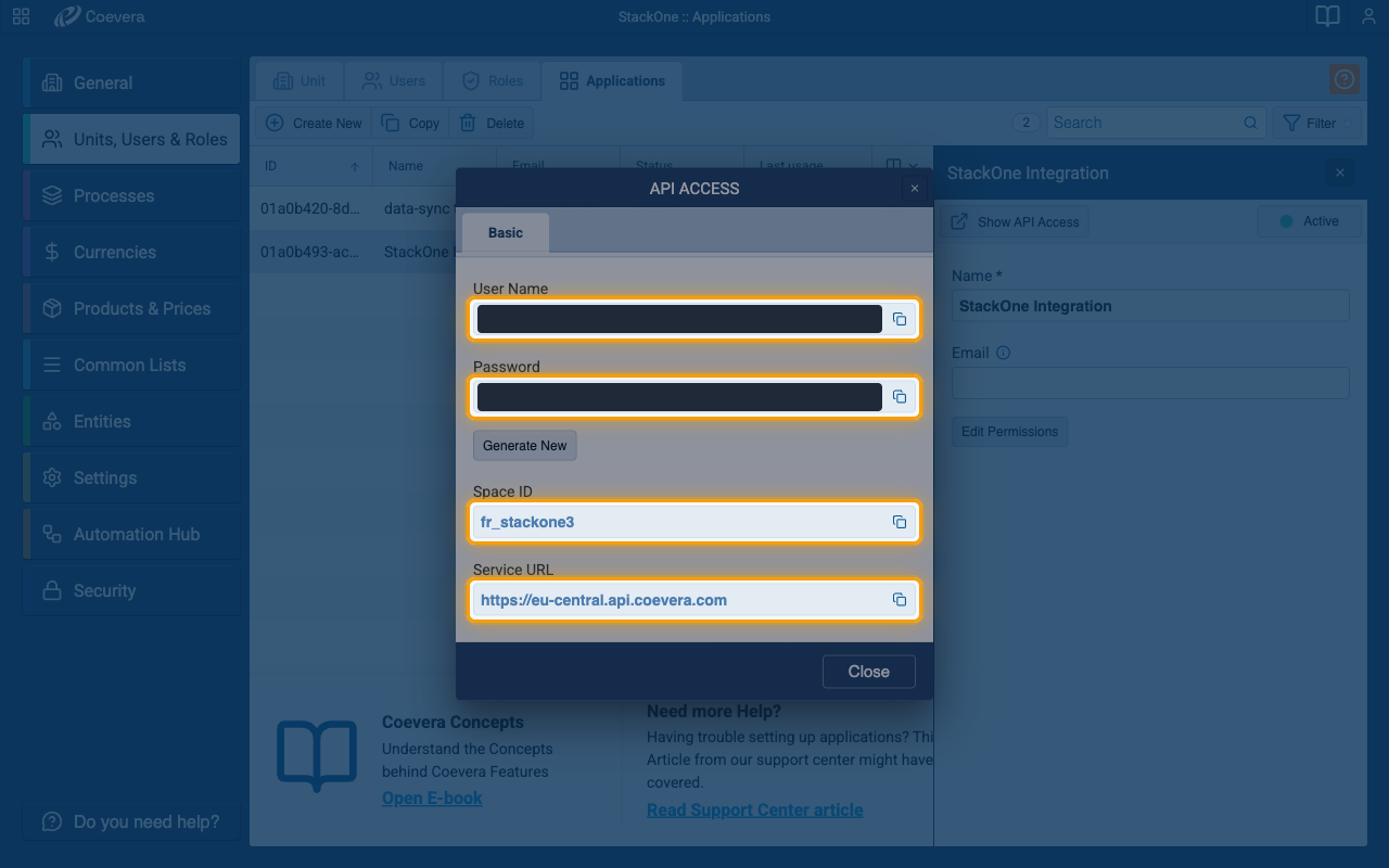 The API Access dialog with the User Name, Password, Space ID, and Service URL fields highlighted and the credentials redacted