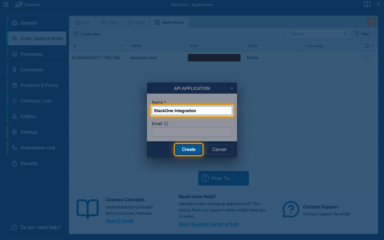 The API Application dialog with the Name field filled in and the Create button highlighted