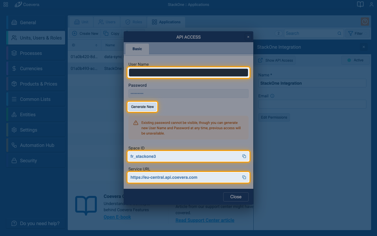The API Access dialog showing the Generate New button and the warning that an existing password cannot be shown