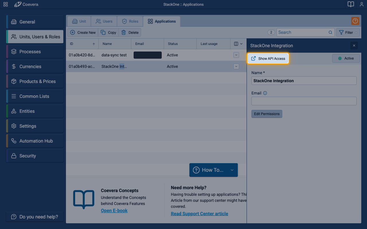 The application detail panel with the Show API Access button highlighted