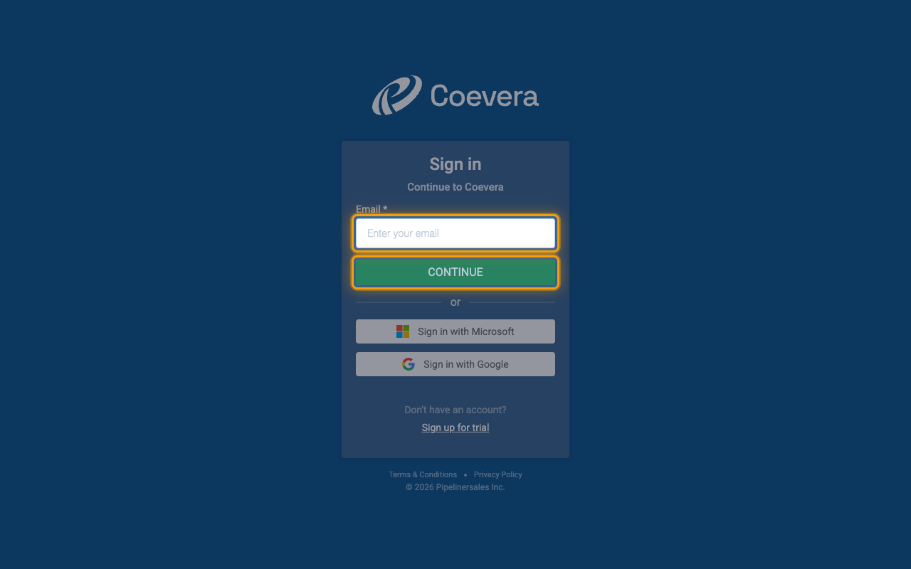 The Coevera sign-in screen with the email field and the Continue button highlighted
