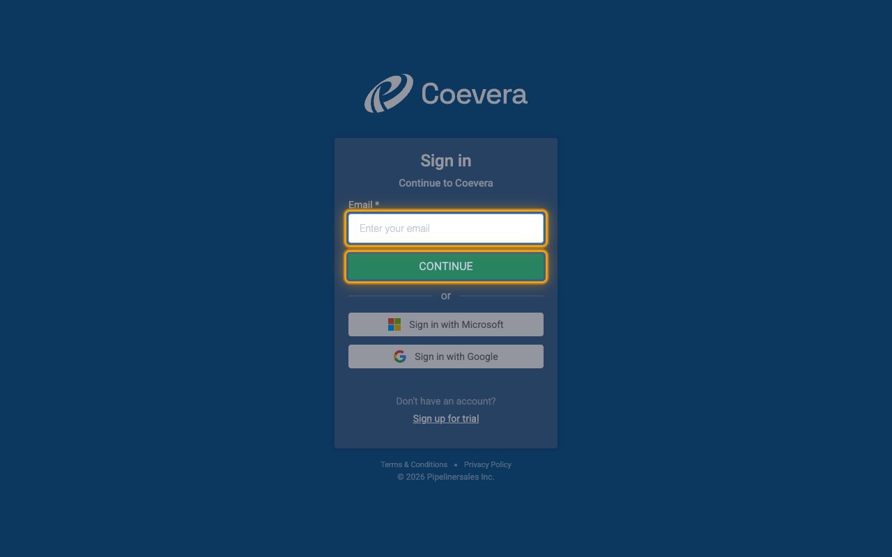 The Coevera sign-in screen with the email field and the Continue button highlighted