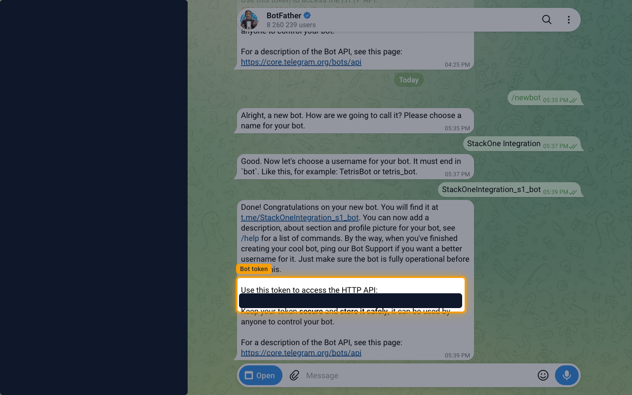 BotFather confirmation message with the bot token redacted, under the line Use this token to access the HTTP API.