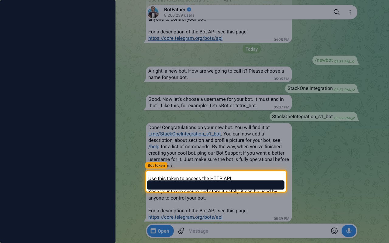 BotFather confirmation message with the bot token redacted, under the line Use this token to access the HTTP API.