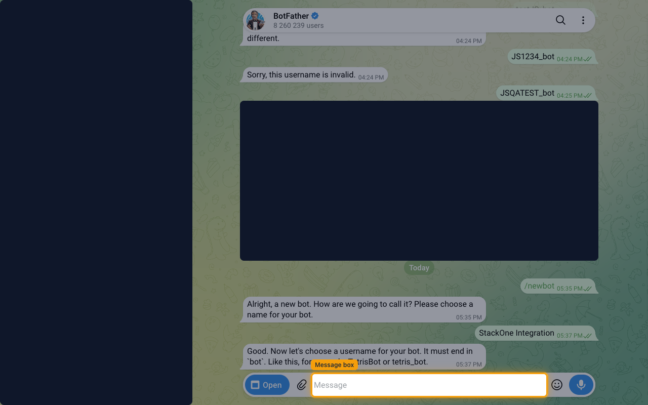 BotFather conversation showing the /newbot command and the prompts for the bot name and username.