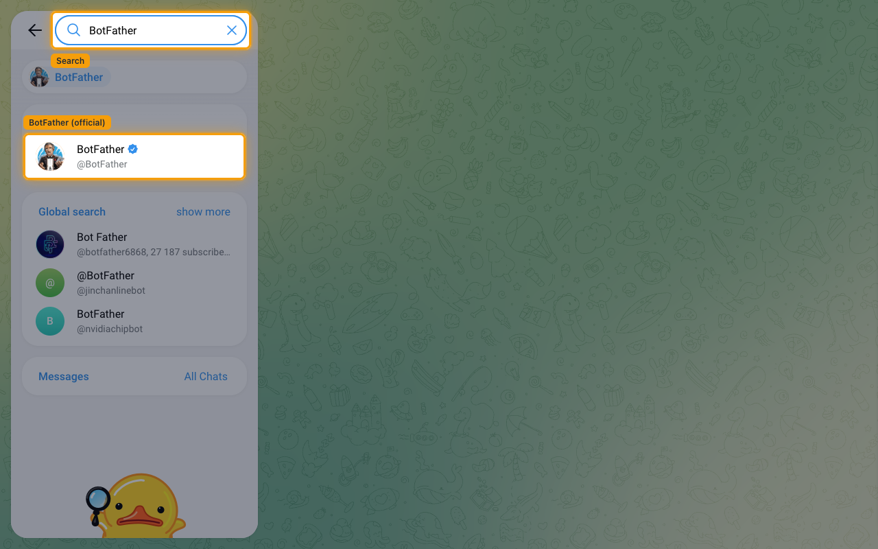 Telegram search showing the official verified BotFather account selected.