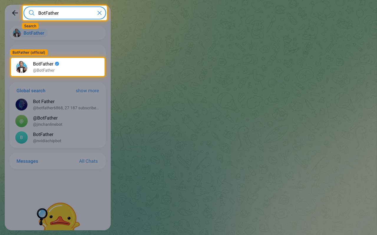 Telegram search showing the official verified BotFather account selected.