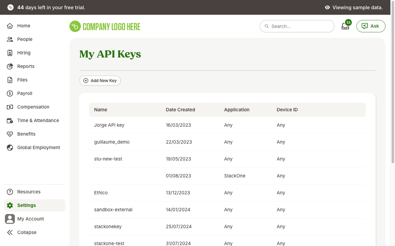 BambooHR My API Keys page with the Add New Key button highlighted