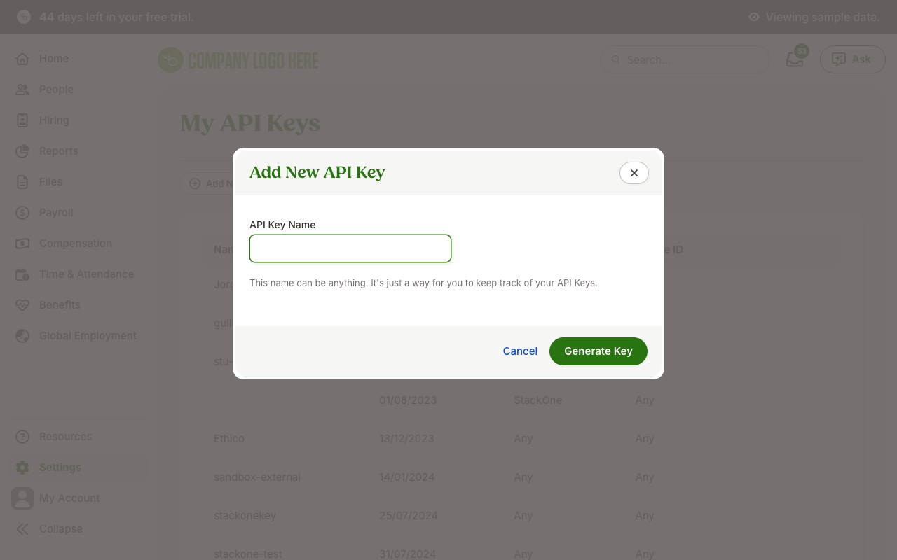 Add New API Key dialog showing the API Key Name field and the Generate Key button