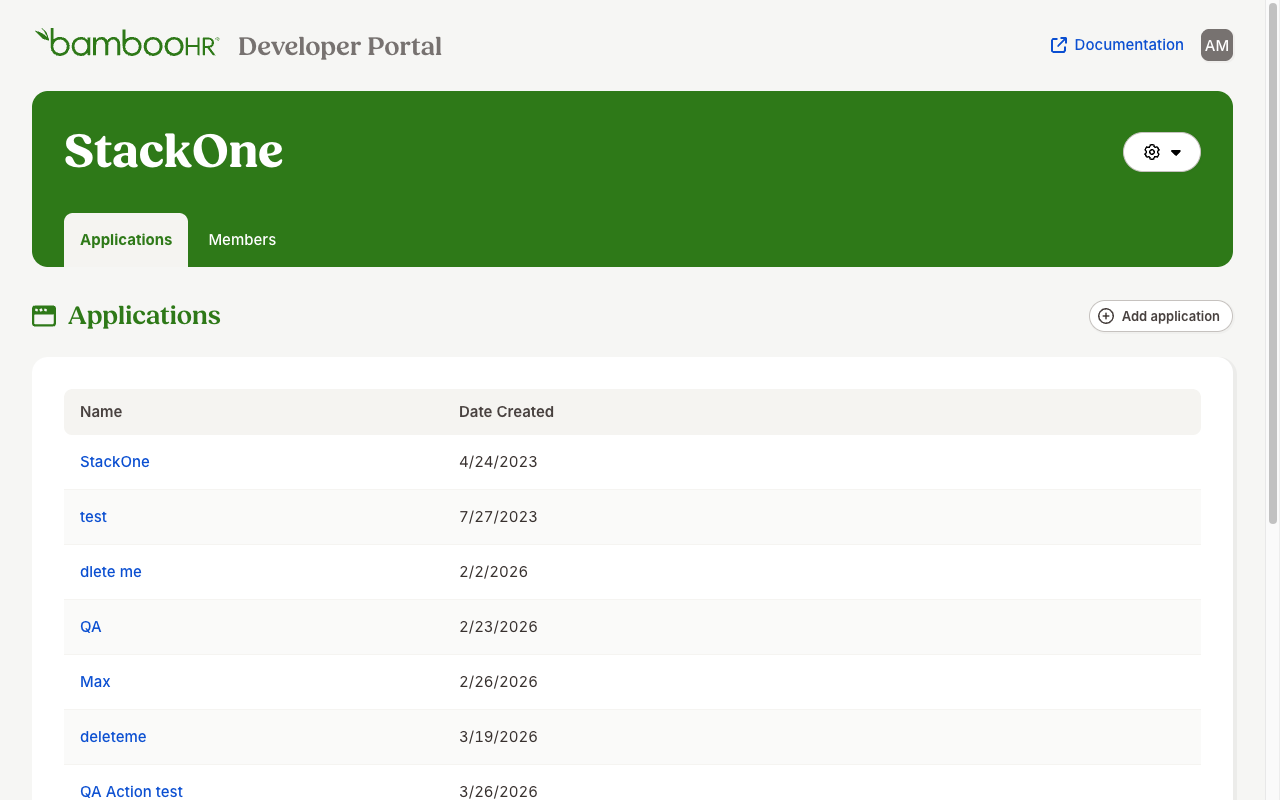 BambooHR Developer Portal Applications list with the Add application button highlighted in the top-right corner