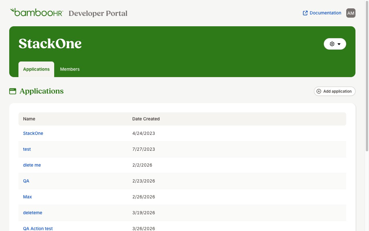 BambooHR Developer Portal Applications list with the Add application button highlighted in the top-right corner