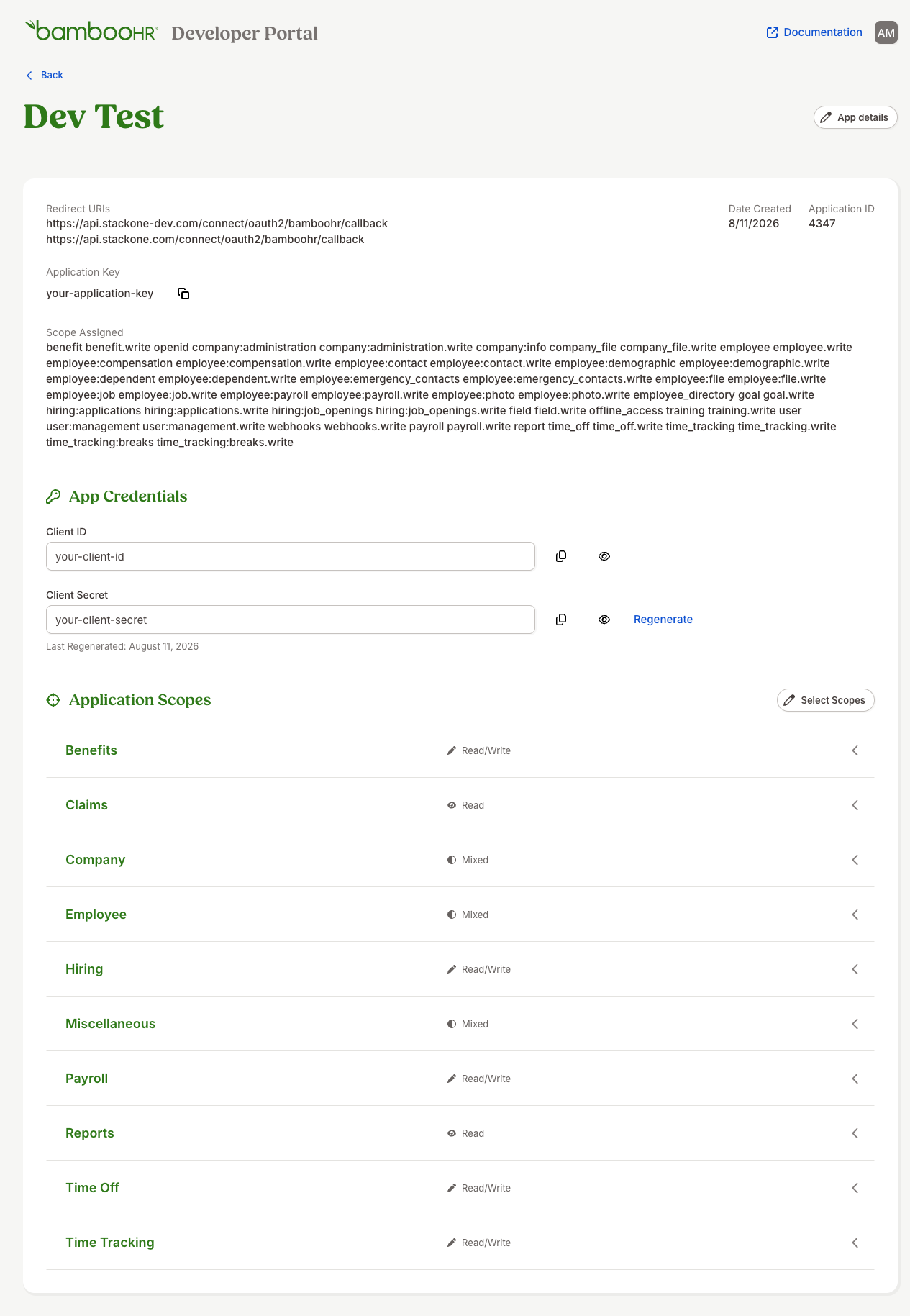 App details page with the App Credentials section showing the masked Client ID and Client Secret fields and their reveal (eye) icons