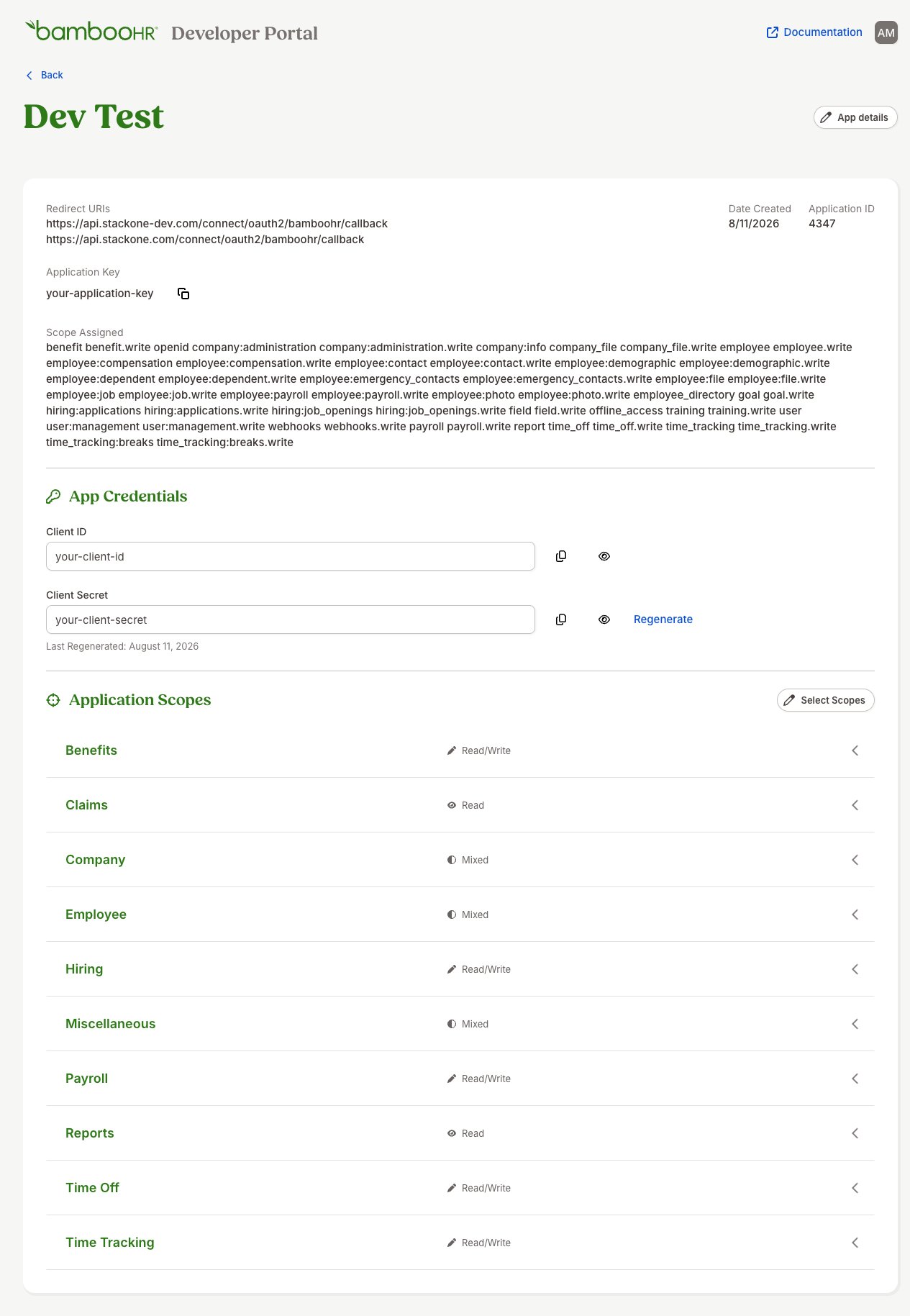 App details page with the App Credentials section showing the masked Client ID and Client Secret fields and their reveal (eye) icons