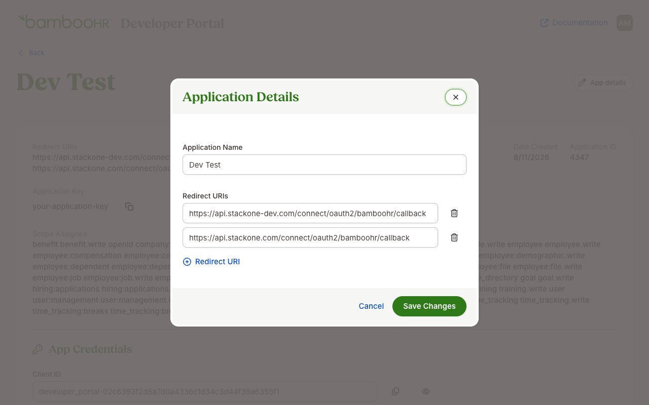 Application Details dialog showing the Redirect URIs field where the StackOne callback URL is entered