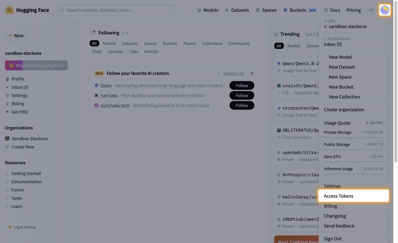 Avatar menu open with the Access Tokens item highlighted