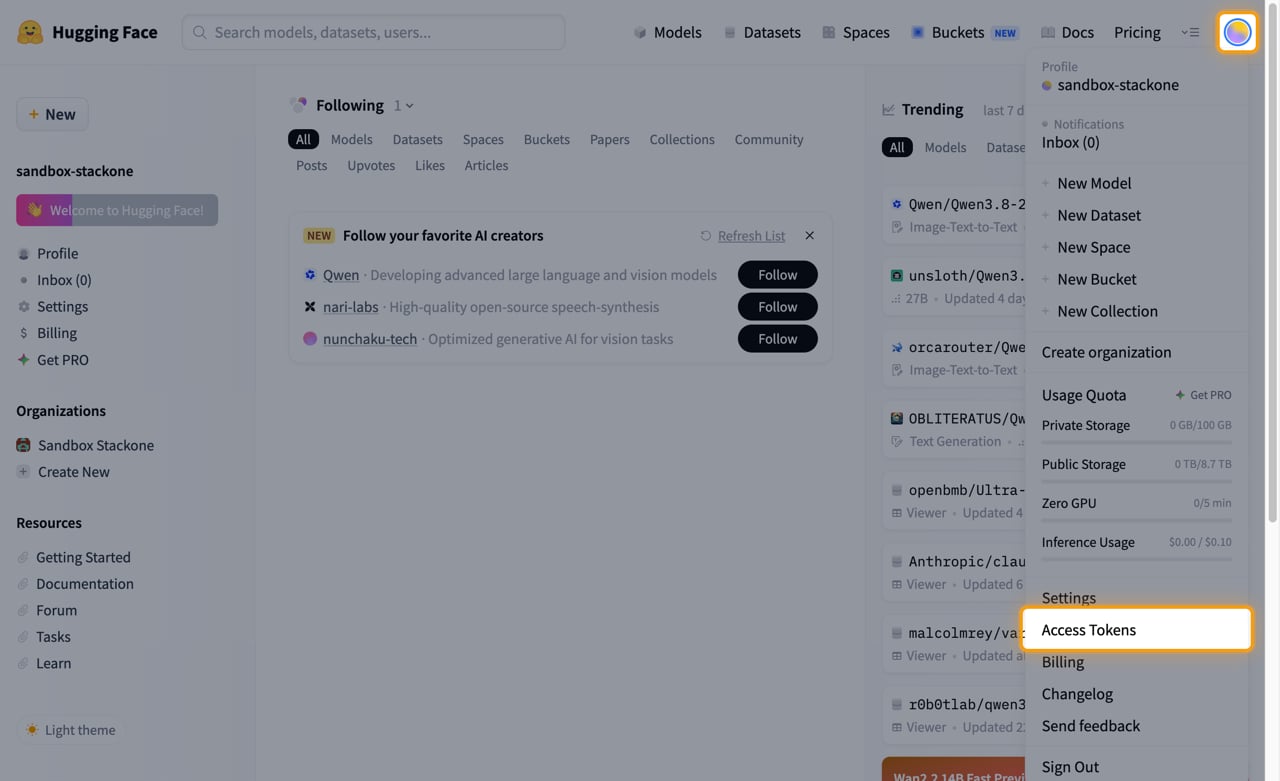 Avatar menu open with the Access Tokens item highlighted