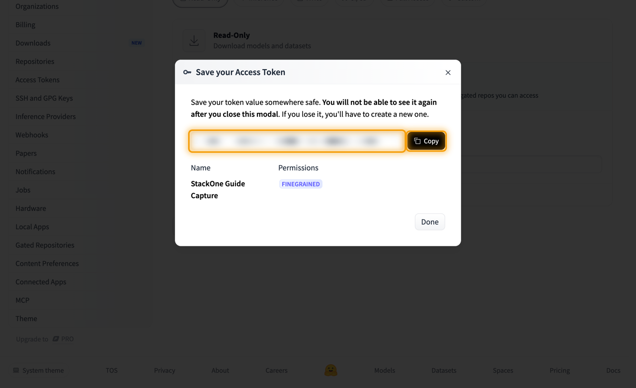 Save your Access Token modal with the token value redacted and the Copy button highlighted
