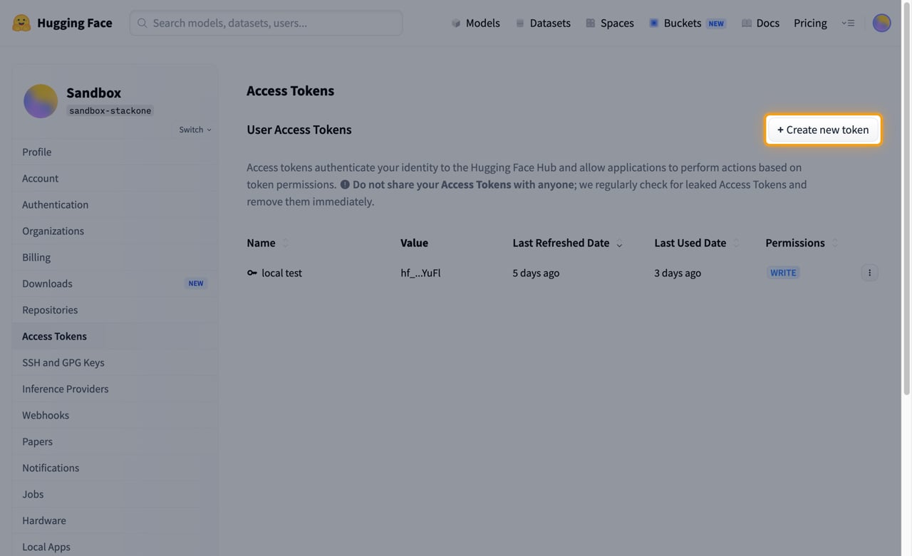Access Tokens page with the Create new token button highlighted