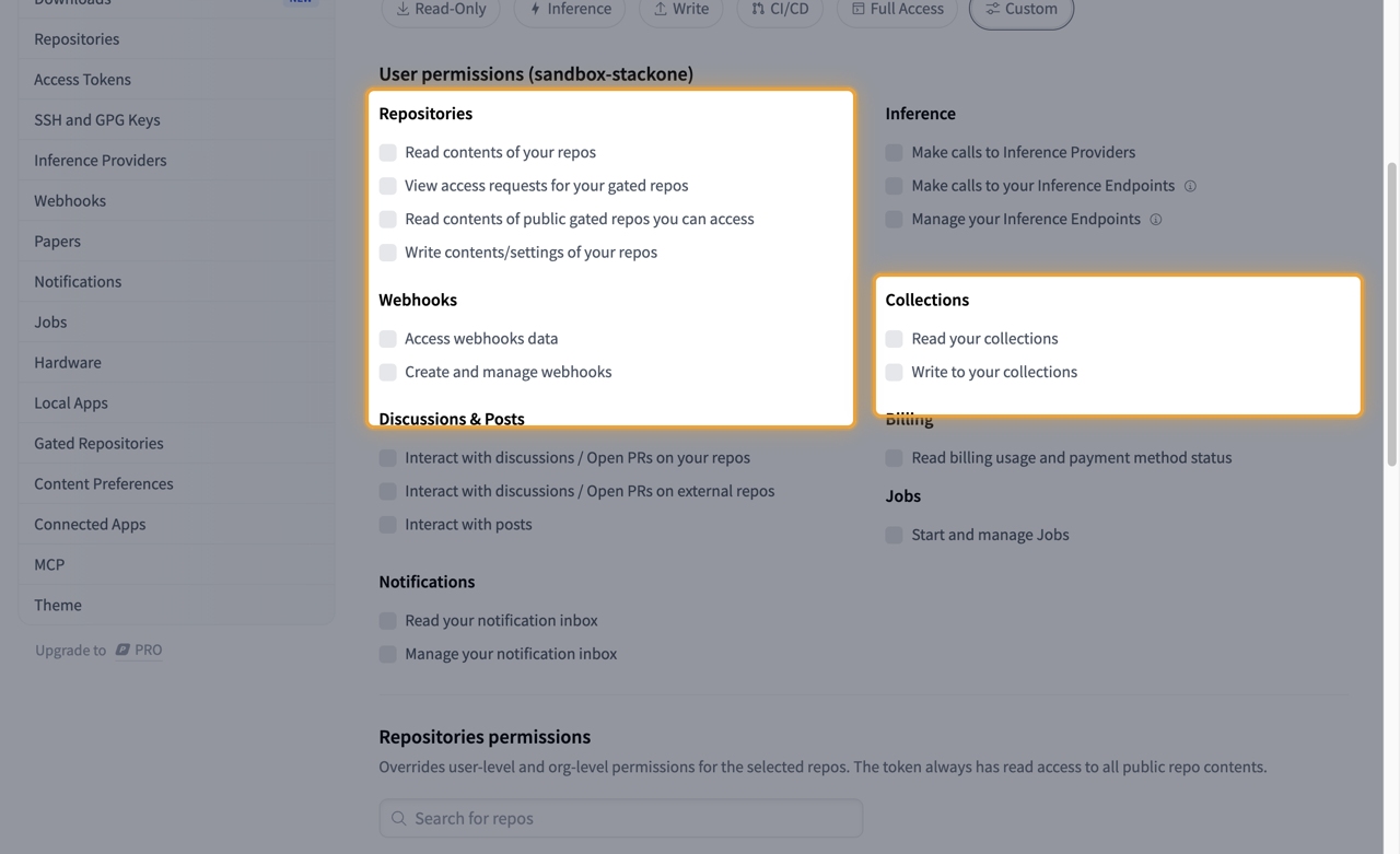 Custom permission list with the Repositories and Collections groups highlighted