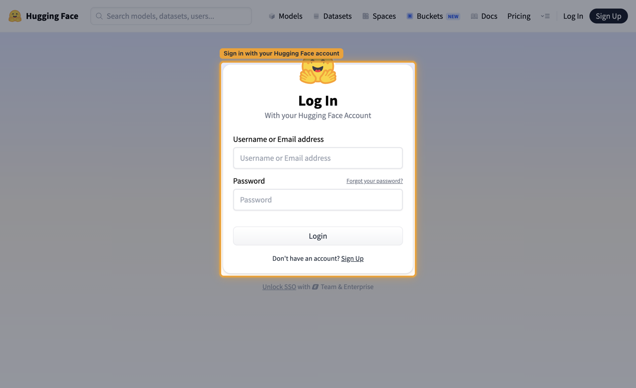 Hugging Face log in page with the sign-in card highlighted