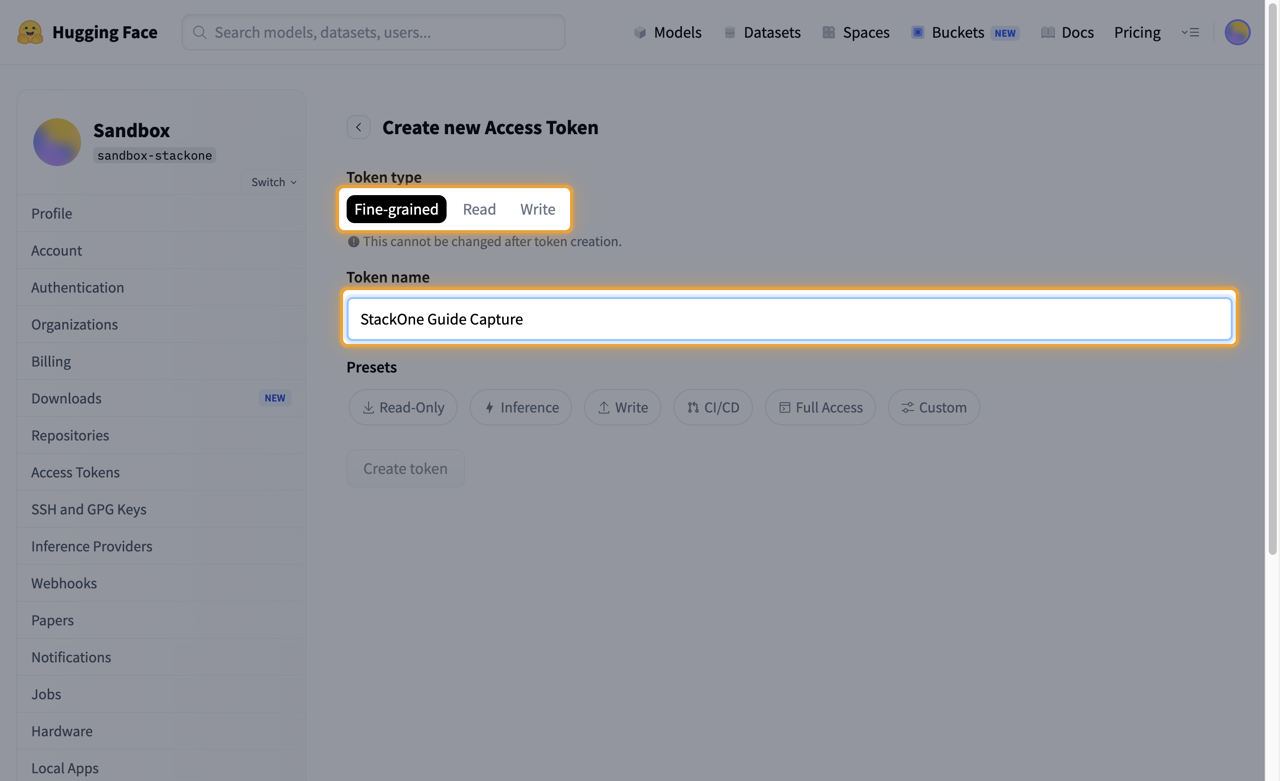 Create new Access Token form with the token type tabs and the token name field highlighted