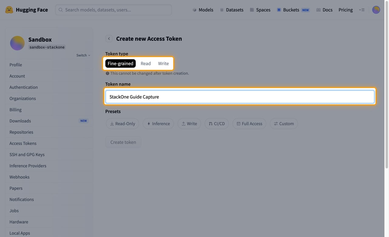 Create new Access Token form with the token type tabs and the token name field highlighted