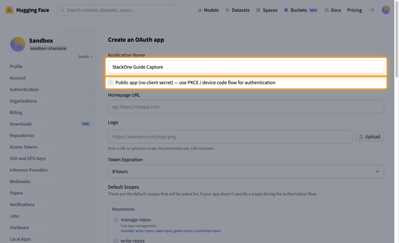 Create an OAuth app form with the Application Name field and the Public app checkbox highlighted