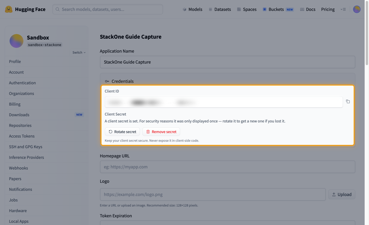 Application settings Credentials panel with the Client ID redacted and the panel highlighted