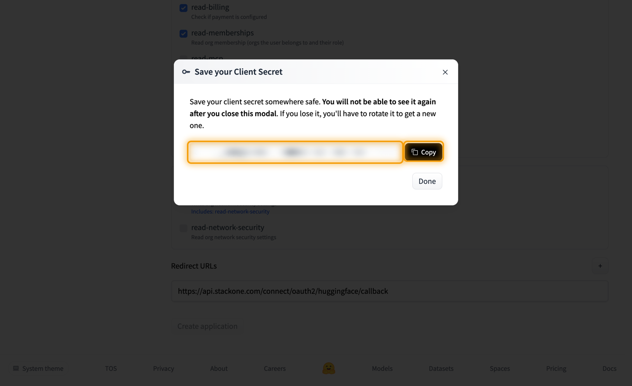 Save your Client Secret modal with the secret redacted and the Copy button highlighted