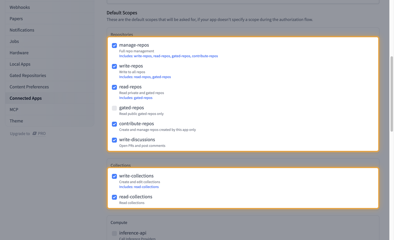 Default Scopes section with the Repositories and Collections scope groups ticked and highlighted