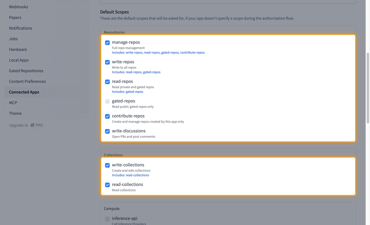 Default Scopes section with the Repositories and Collections scope groups ticked and highlighted
