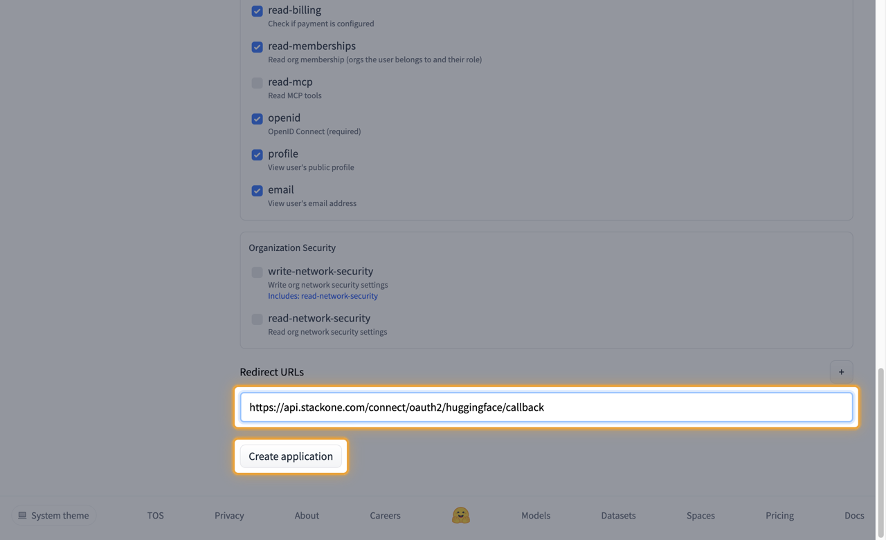 Redirect URLs field holding the StackOne callback URL, with the Create application button highlighted