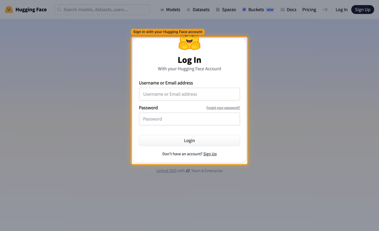 Hugging Face log in page with the sign-in card highlighted