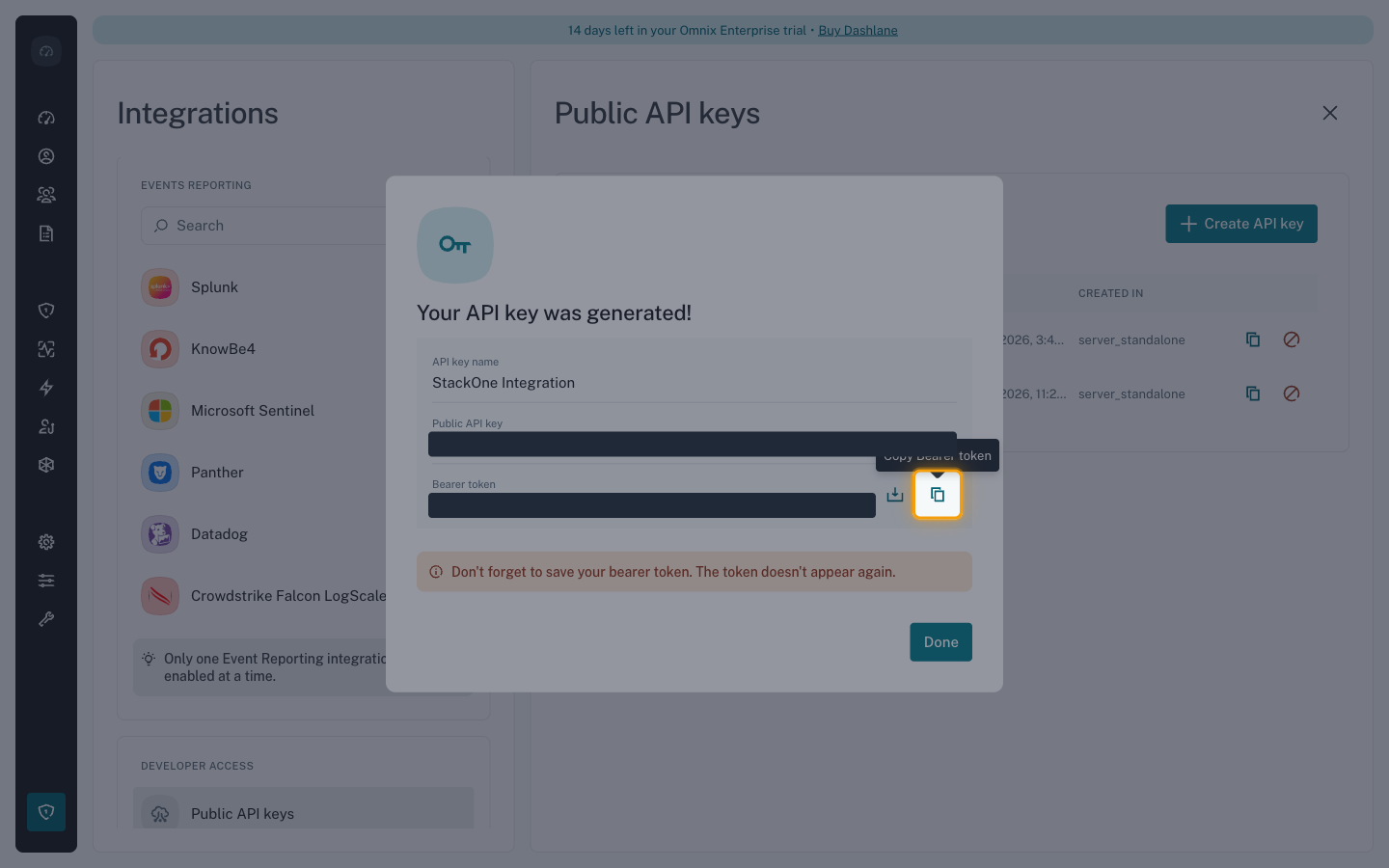 The generated key dialog with the Copy Bearer token button highlighted and the key values hidden