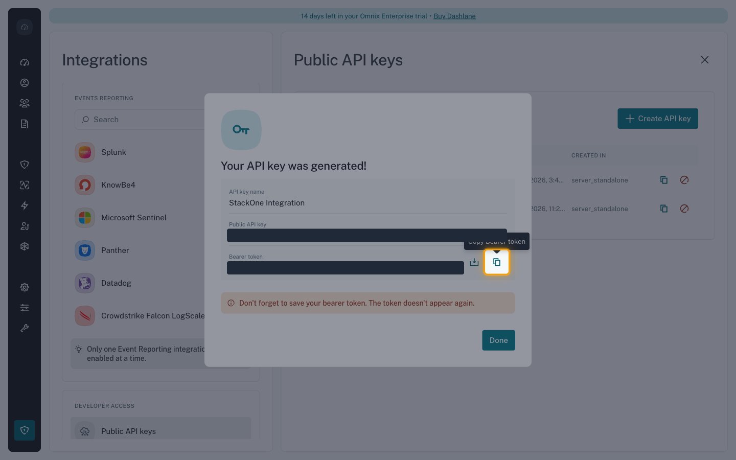 The generated key dialog with the Copy Bearer token button highlighted and the key values hidden
