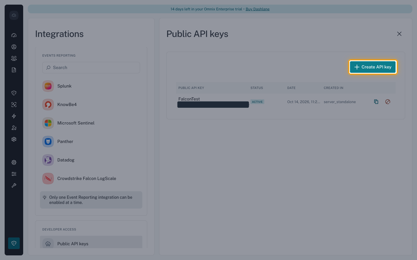 The Public API keys panel with the Create API key button highlighted
