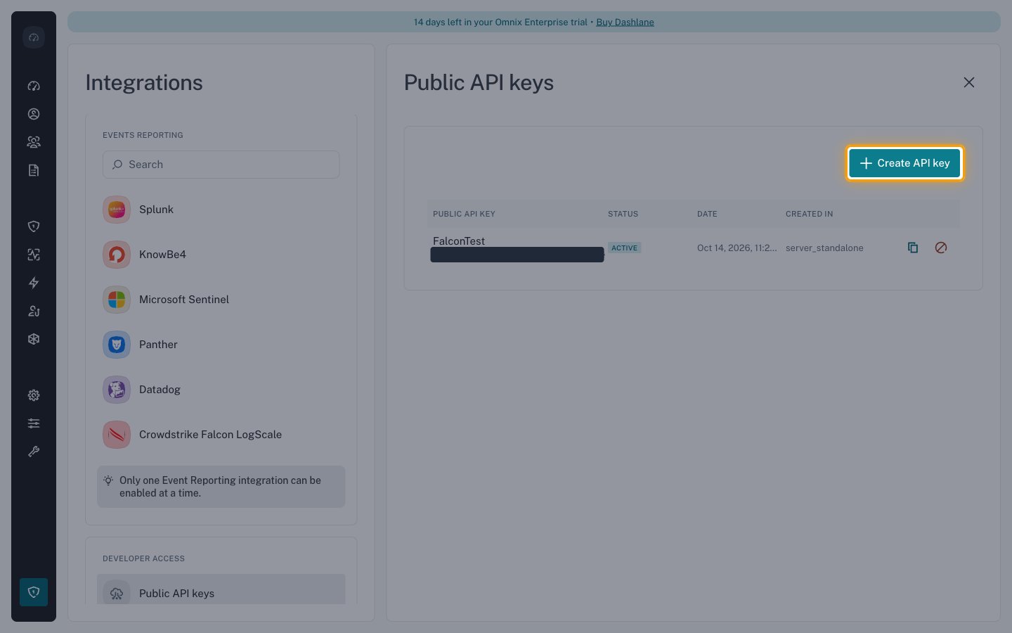 The Public API keys panel with the Create API key button highlighted