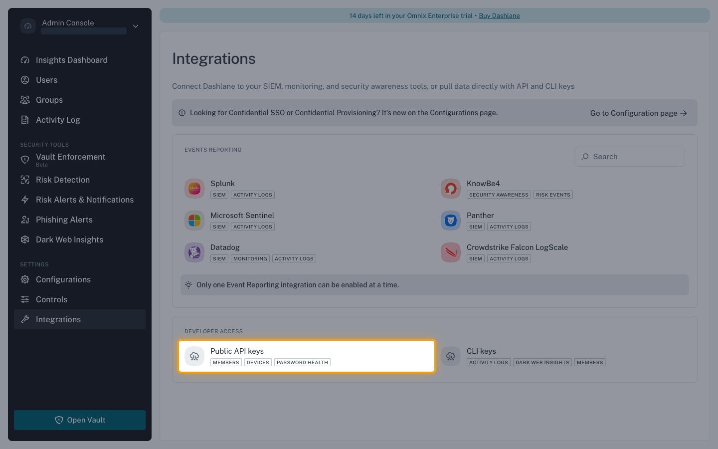 The Integrations page with the Public API keys card highlighted under Developer Access