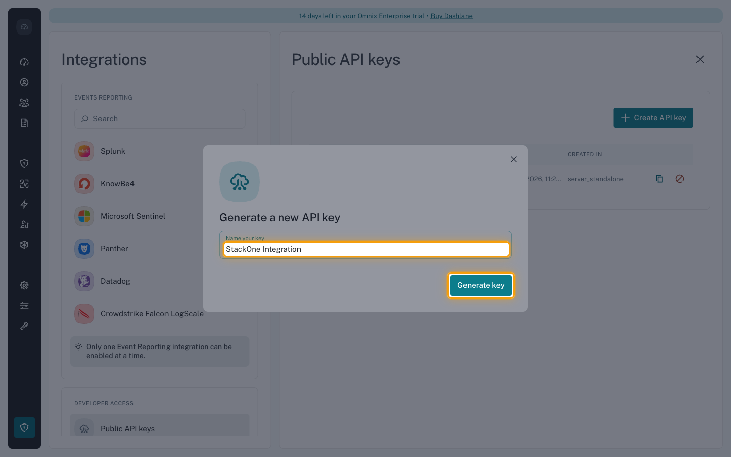 The Generate a new API key dialog with the Name your key field filled in and Generate key highlighted