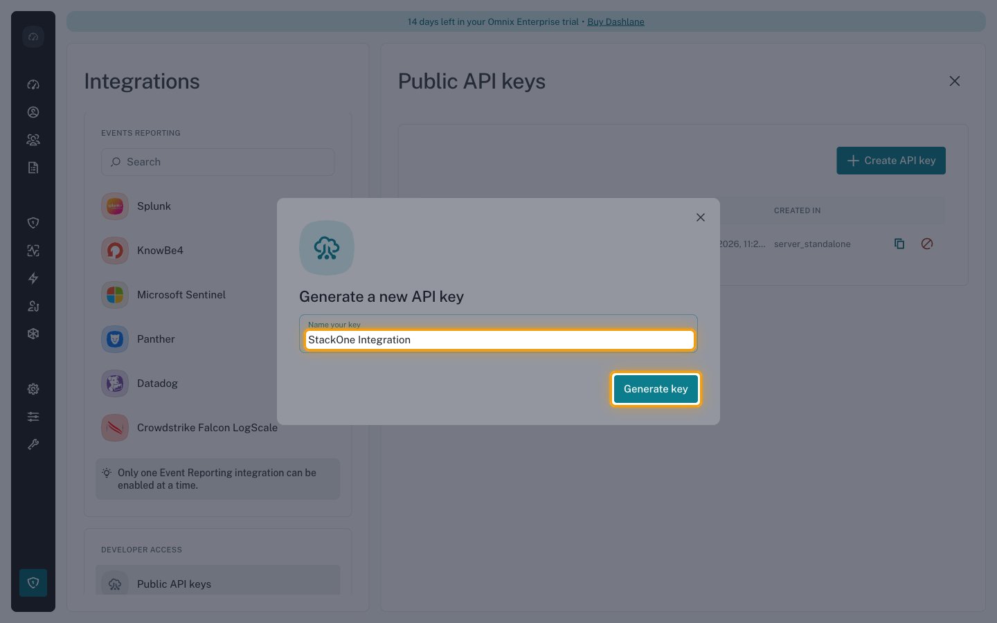 The Generate a new API key dialog with the Name your key field filled in and Generate key highlighted