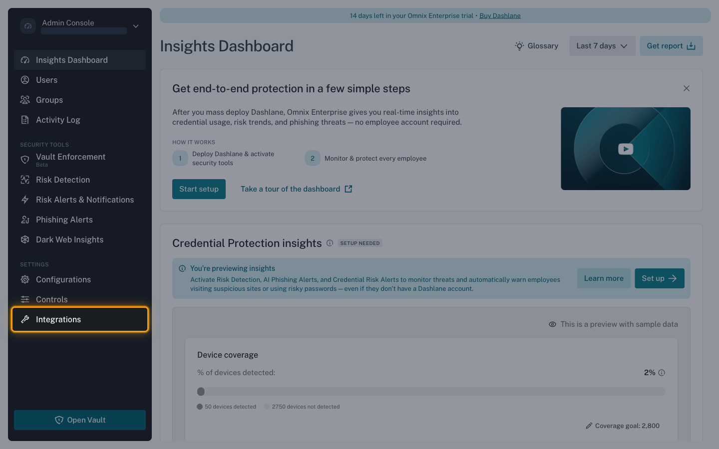 The Dashlane Admin Console navigation with Integrations highlighted under Settings