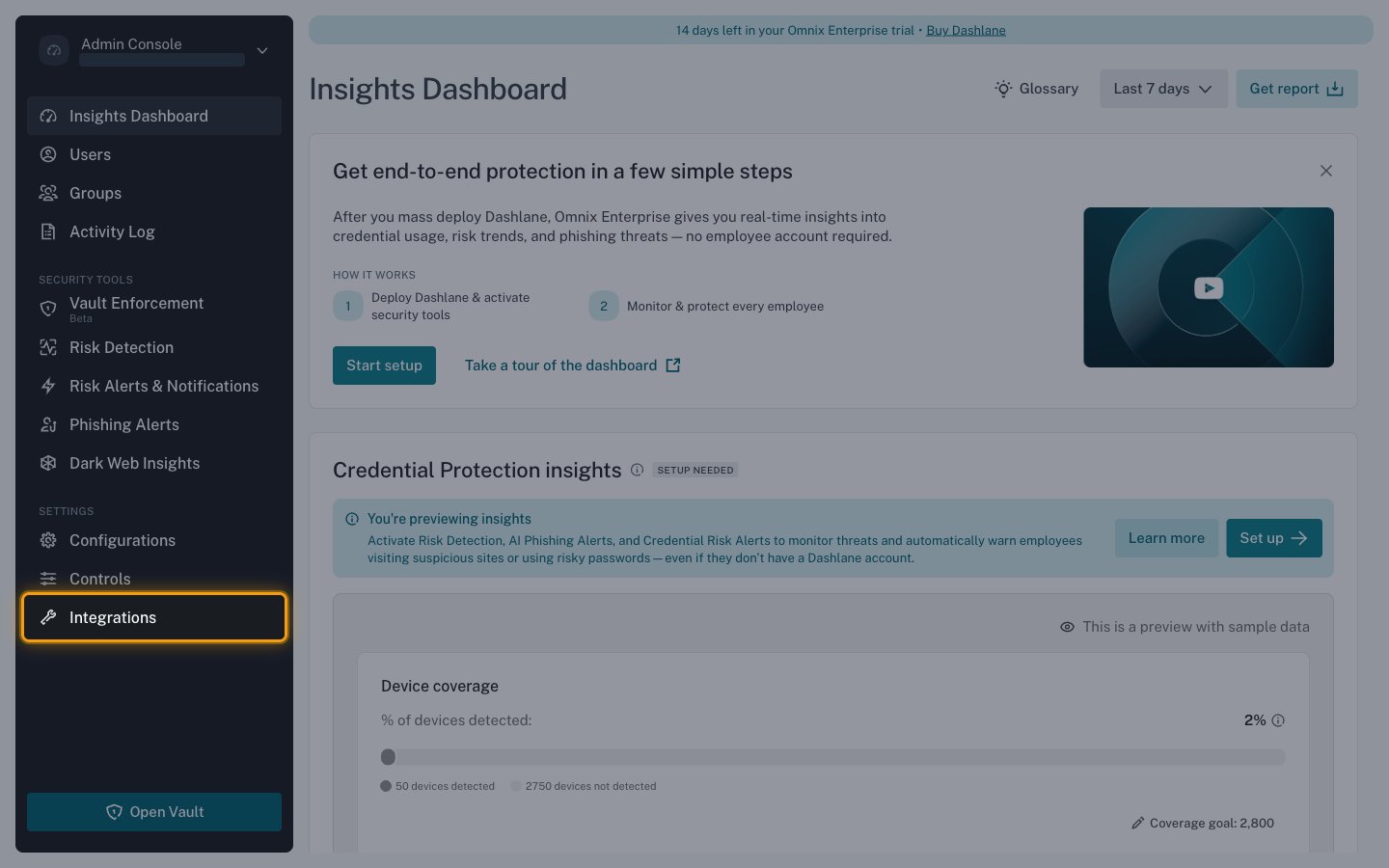 The Dashlane Admin Console navigation with Integrations highlighted under Settings