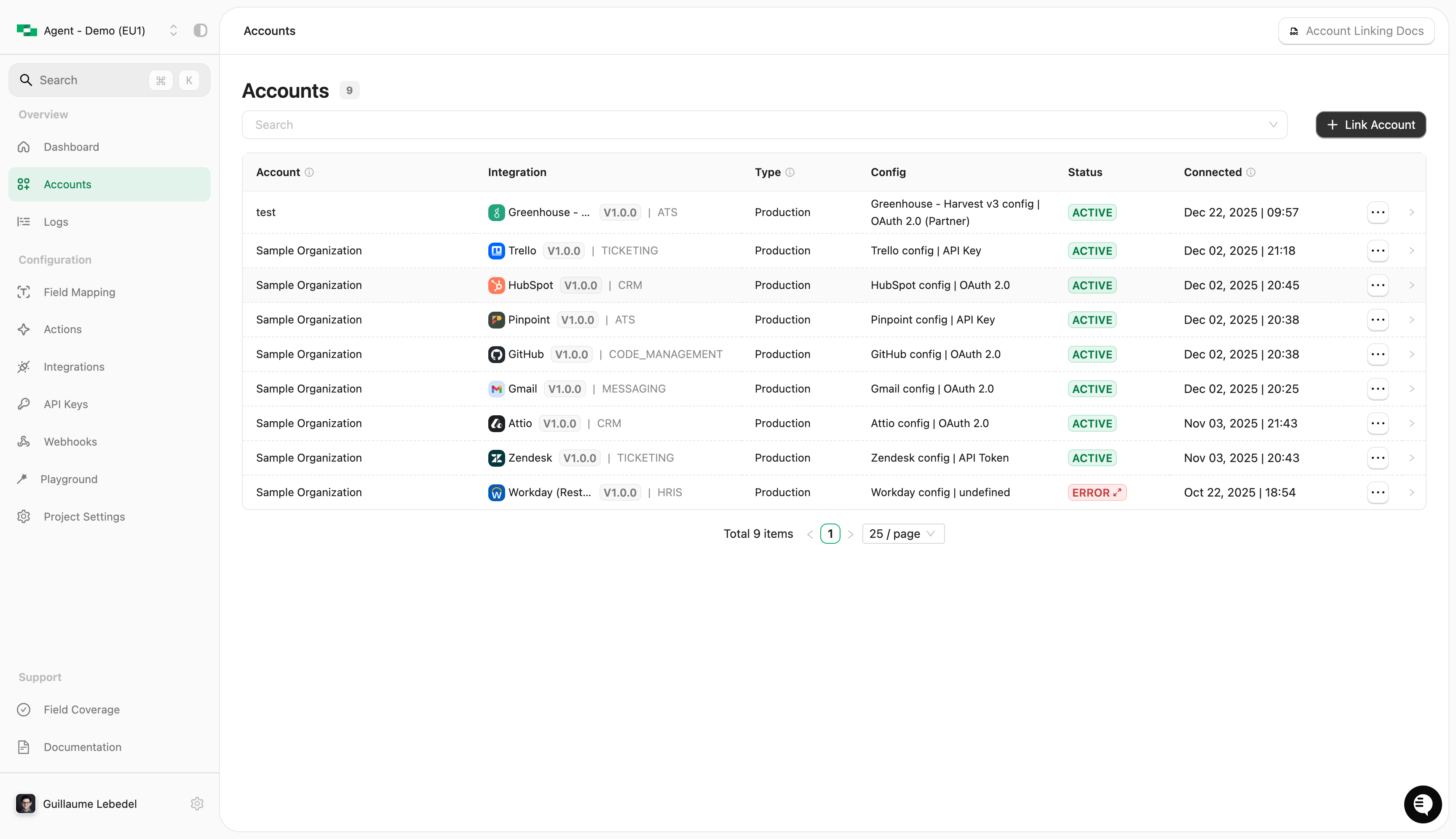 Accounts page with Link Account button