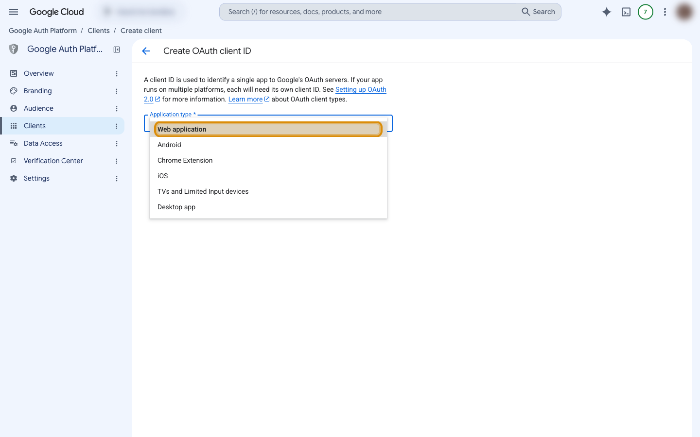 The Application type dropdown on the Create OAuth client ID page with Web application highlighted