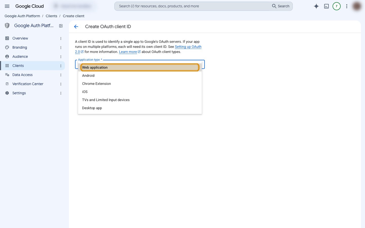 The Application type dropdown on the Create OAuth client ID page with Web application highlighted